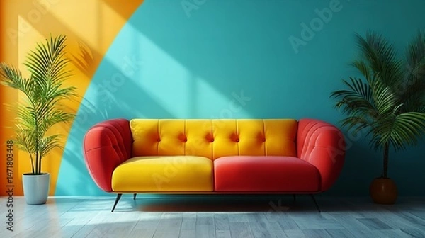 Fototapeta Modern interior, architecture, furniture, minimalism, design, livingroom, style concept in bright cozy apartment new beautiful stock image illustration AI