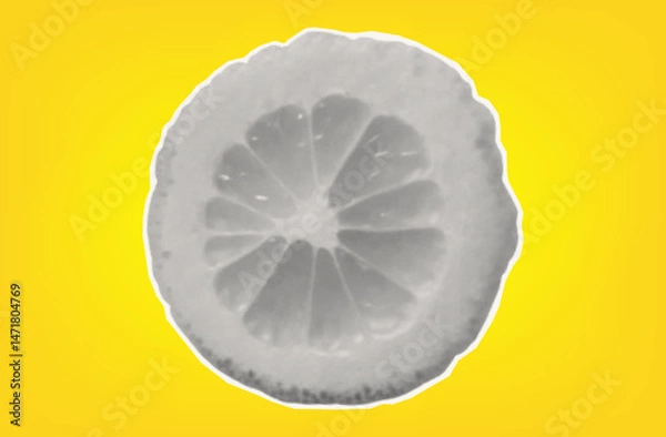 Fototapeta Lemon slice. Citrus tropical fruit with halftone texture. Sour raw fresh food. Isolated lemon on yellow background for modern art collage design. Vector paper cut element.