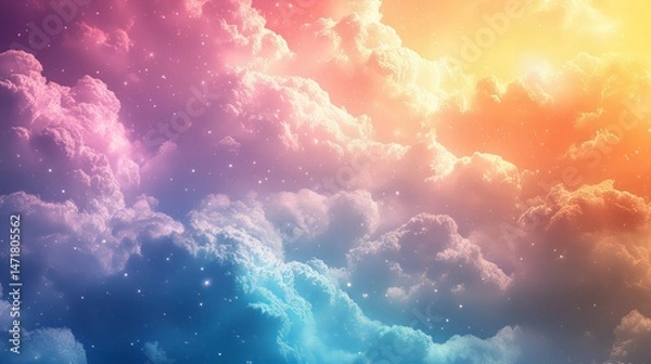 Fototapeta Colorful, rainbow, clouds, sky, dream, fantasy, surreal atmosphere with magical bright tones new beautiful stock image illustration AI