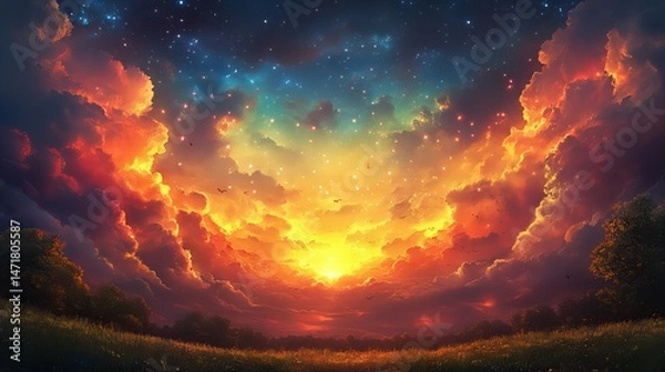 Fototapeta Colorful, rainbow, clouds, sky, dream, fantasy, surreal atmosphere with magical bright tones new beautiful stock image illustration AI