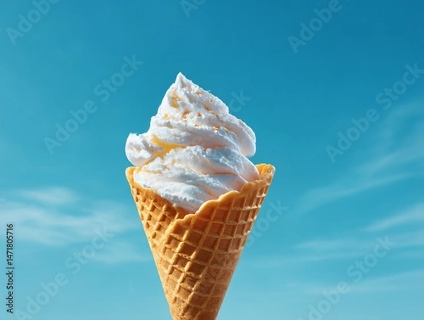 Fototapeta A scoop of ice cream in a waffle cone is sitting on a blue background. The ice cream is white and the cone is brown. Concept of indulgence and enjoyment