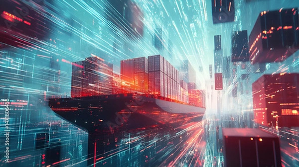 Fototapeta Futuristic Cargo Ship in a Digital Network