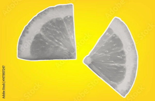 Fototapeta Whole lemon. Citrus tropical fruit with halftone texture. Sour raw fresh food. Isolated lemon on yellow background for modern art collage design. Vector paper cut element.