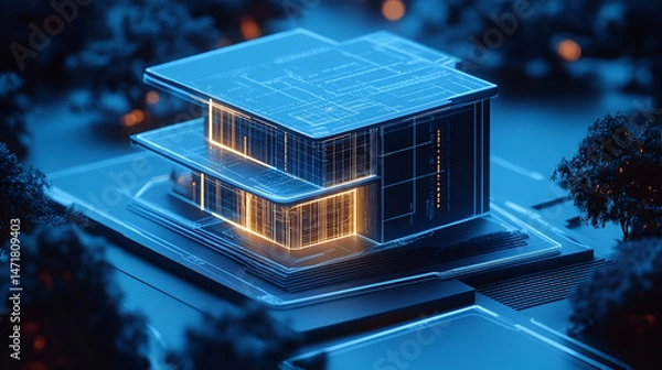 Fototapeta Futuristic Smart Home on Circuit Board at Night
