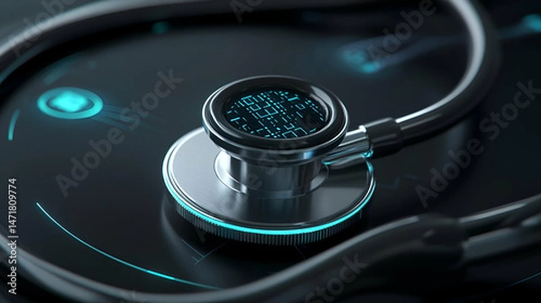 Fototapeta Futuristic Stethoscope with Digital Data Display on Dark Background