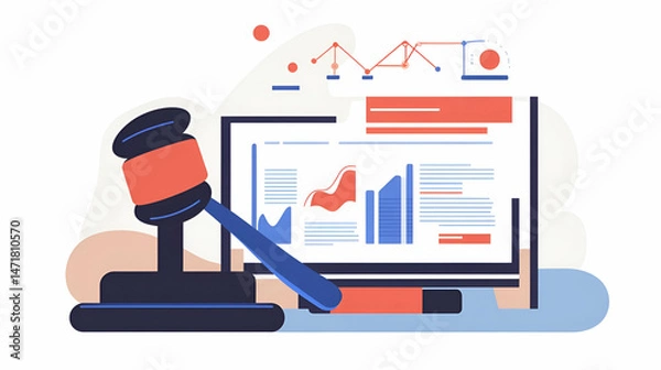 Fototapeta Gavel and Computer Screen with Data Charts: Legal Analytics Illustration