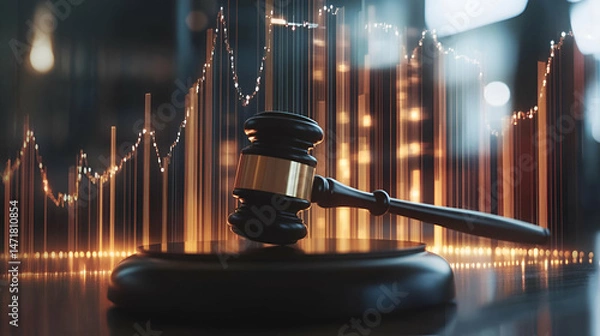 Fototapeta Gavel and Financial Graph: Dark Background 3D Render