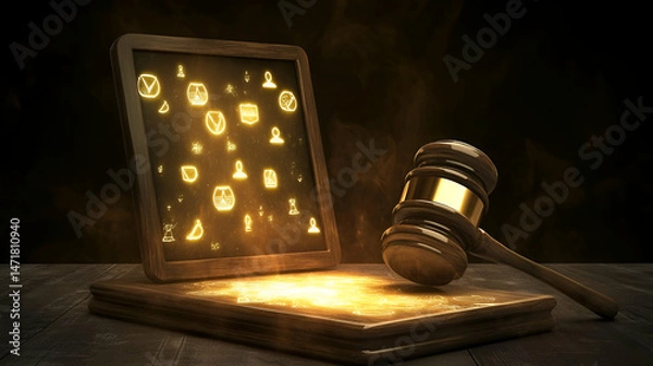 Fototapeta Gavel and Illuminated Tablet on Ancient Book