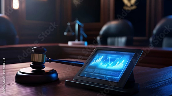 Fototapeta Gavel and Tablet Displaying Financial Data in Courtroom Setting
