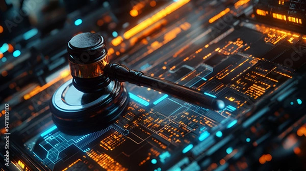 Fototapeta Gavel on Circuit Board: Digital Justice Concept