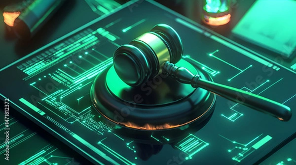 Fototapeta Gavel on Digital Document: Law and Technology Concept
