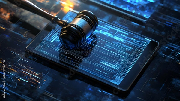 Fototapeta Gavel on Digital Tablet with Blue Code Display