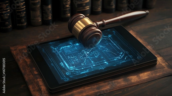 Fototapeta Gavel on Tablet Displaying Abstract Data Near Law Books