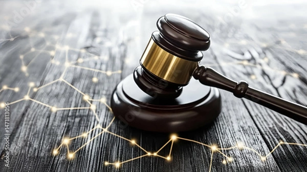 Fototapeta Gavel on Wooden Table with Abstract Network Connections