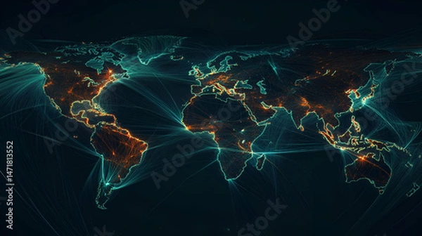 Fototapeta Global Network Connections: A Digital World Map Visualization