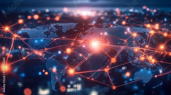 Fototapeta Global Network Connections: Digital World Map with Glowing Nodes and Lines