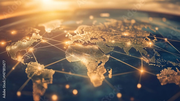 Fototapeta Global Network Connections: Golden World Map with Digital Links