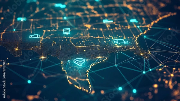 Fototapeta Global Network Connections: Illuminated World Map with Data Points