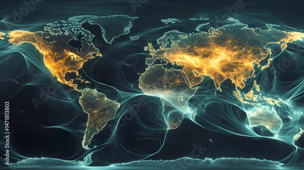 Fototapeta Global Network Connections Visualization Illuminated World Map