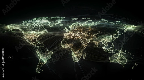 Fototapeta Global Network Connections Visualization: Illuminated World Map