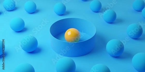 Fototapeta Yellow sphere in round wall excluded from group of blue spheres, group exclusion, team or business management concept