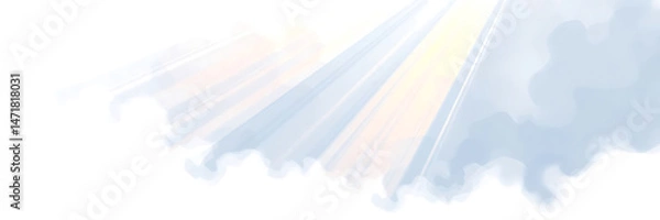 Fototapeta Rays of sunlight shining through clouds on a white background, illustration.