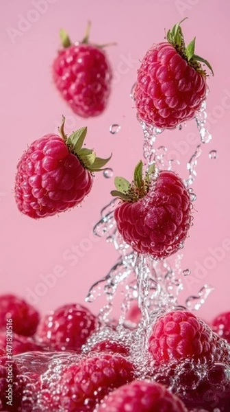 Fototapeta Captivating fresh raspberries falling into pure water against a soft pastel pink backdrop for a vibrant splash