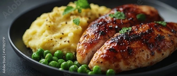 Obraz Roasted chicken breast with mashed potatoes and peas.