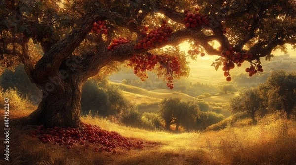 Obraz Golden hour scene of a laden orchard tree.