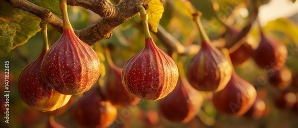 Obraz Close up view of ripe figs hanging from branches.