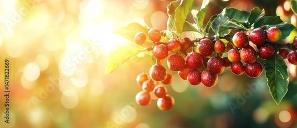 Obraz Close-up view of a cluster of red berries on a branch.