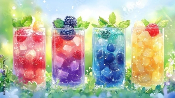 Obraz Vibrant fruit drinks in frosted glasses, a colorful refreshment.