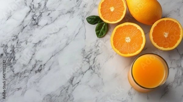 Obraz Freshly squeezed orange juice with fruit slices on marble.