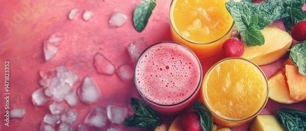 Obraz Refreshing fruit smoothies on a pink surface.