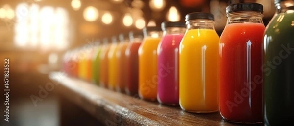Obraz Colorful fruit juices in glass bottles on a wooden counter