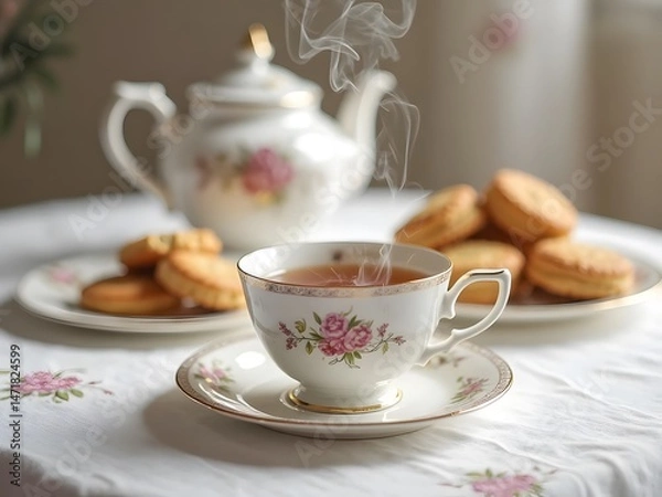 Obraz British Afternoon Tea with Earl Grey: An elegant British tea cup filled with hot Earl Grey tea, with steam rising, served with biscuits and a porcelain teapot in the background.