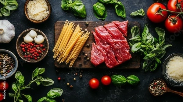 Obraz Fresh pasta ingredients arranged on a dark surface.