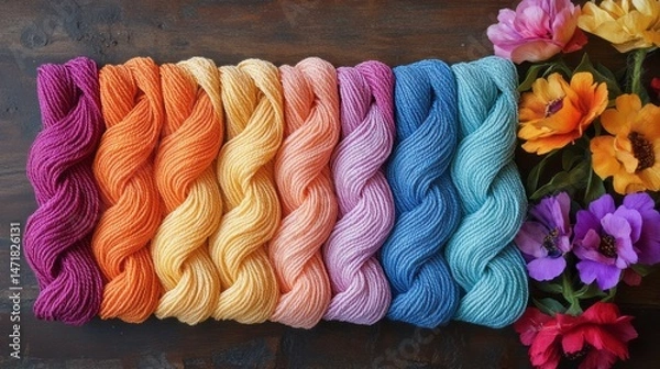 Obraz Colorful yarn skeins arranged on a wooden surface.