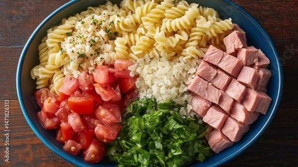 Obraz Colorful pasta salad ingredients arranged in a bowl.