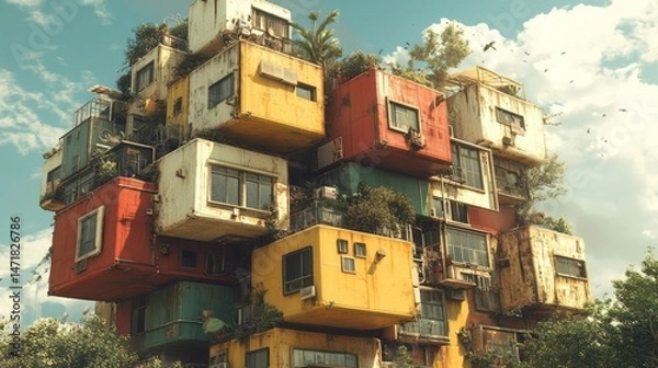 Obraz Colorful,  stacked,  futuristic  urban  architecture  with  plant life.
