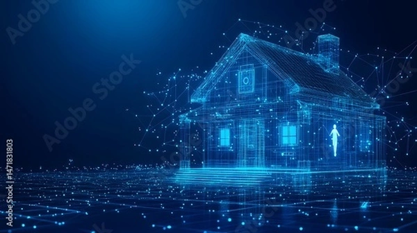 Fototapeta Futuristic blue wireframe house with digital human hologram. Modern, high-tech design evokes innovation and connectivity. Network of dots suggests data flow. Abstract dark blue wireframe