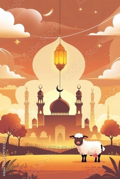 Fototapeta Idul Adha Vector Illustration with Mosque, Lantern, Cow, and Sheep in Warm Sunset Colors