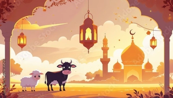 Fototapeta Idul Adha Vector Illustration with Mosque, Lantern, Cow, and Sheep in Warm Sunset Colors