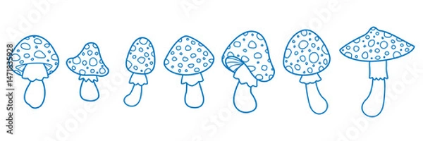 Obraz Set of contour illustrations of fly agaric. Blue on white background. Hand drawn vector illustration