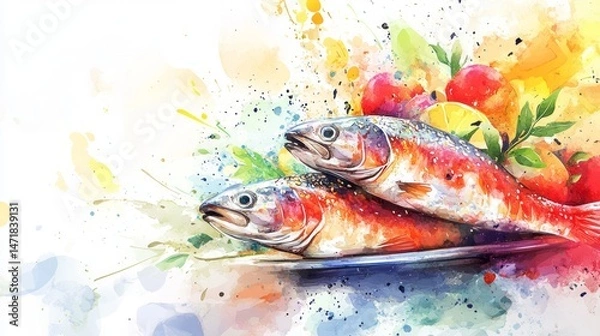 Obraz Colorful illustration of fish on a plate with fruits and vegetables.