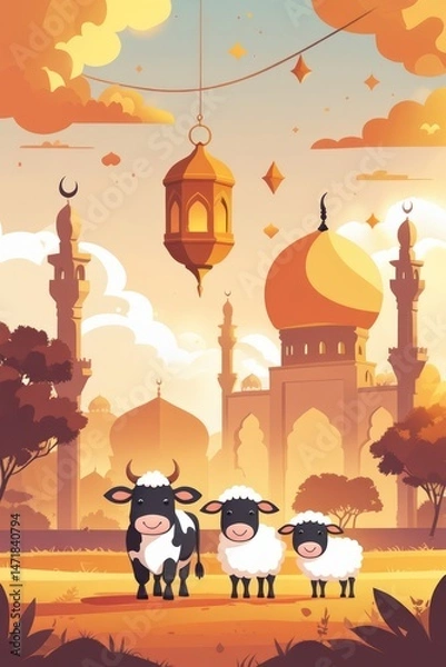 Fototapeta Idul Adha Vector Illustration with Mosque, Lantern, Cow, and Sheep in Warm Sunset Colors