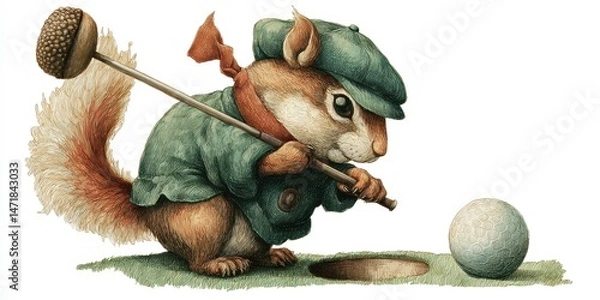 Fototapeta A whimsical squirrel golfer prepares to putt.