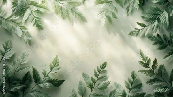 Fototapeta Delicate fern leaves arranged in a frame, illuminated by sunlight.