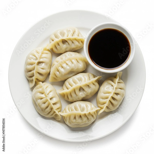 Fototapeta Steamed vegetable dumplings with visible pleats, served with dipping sauce, white plate isolated on white