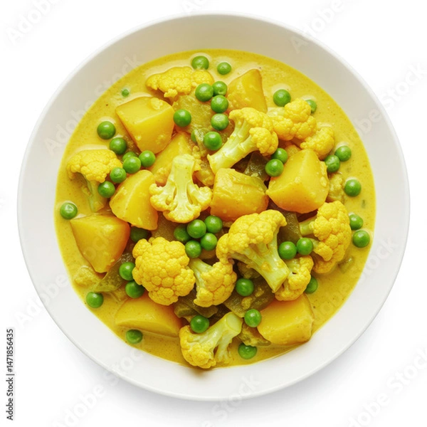 Fototapeta Vibrant vegetable curry with cauliflower, potatoes, peas in a yellow coconut sauce, white bowl isolated on white